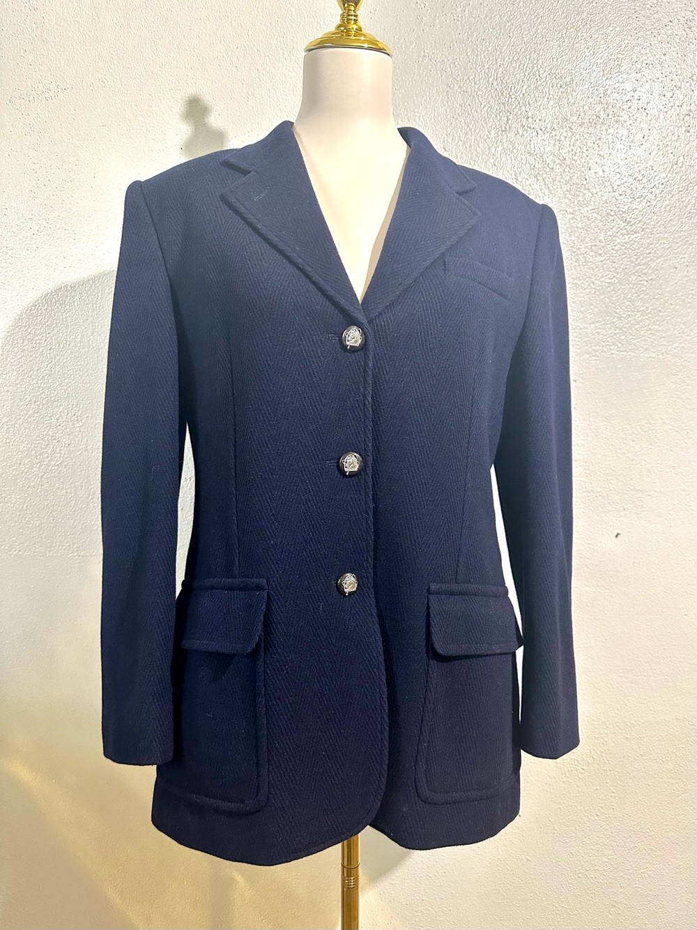 Herringbone Wool Blend Navy Blazer Jacket Career Office 12 Lauren Ralph Lauren